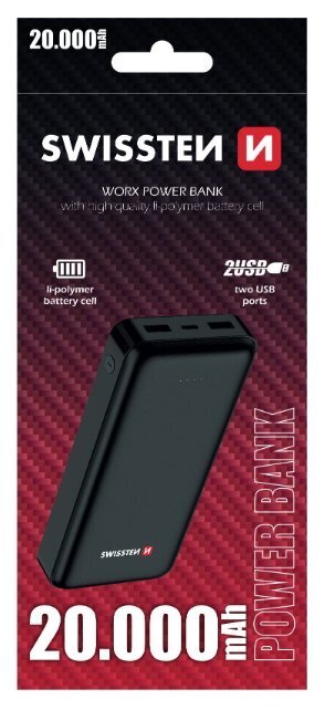 Swissten Worx Power Portable Power Bank 2x 2.4А USB / Smart IC / 20000 mAh / Black kaina ir informacija | Atsarginiai maitinimo šaltiniai (power bank) | pigu.lt