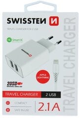 Swissten Smart IC Travel Charger 2x USB 2.1A with Lightning (MD818) Cable 1.2 m White kaina ir informacija | Krovikliai telefonams | pigu.lt