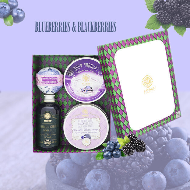 Dovanų rinkinys (kūno jogurtas 200g + druskos kūno šveitiklis 300g + dušo želė 200ml + vonios kamuolys 145g) BLUEBERRIES- BLACKBERRIES Saules Fabrika kaina ir informacija | Kūno šveitikliai | pigu.lt