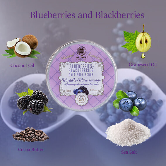 Dovanų rinkinys (kūno jogurtas 200g + druskos kūno šveitiklis 300g + dušo želė 200ml + vonios kamuolys 145g) BLUEBERRIES- BLACKBERRIES Saules Fabrika kaina ir informacija | Kūno šveitikliai | pigu.lt