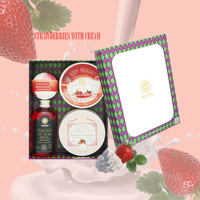 Dovanų rinkinys (kūno jogurtas 200g + druska kūno šveitiklis 300g + dušo želė 200ml + vonios kamuolys 145g) STRAWBERRIES AND CREAM Saules Fabrika цена и информация | Kūno šveitikliai | pigu.lt