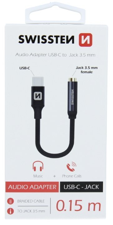 Swissten USB-C to Jack 3.5mm Audio Adapter for phones 15 cm Black kaina ir informacija | Adapteriai, USB šakotuvai | pigu.lt