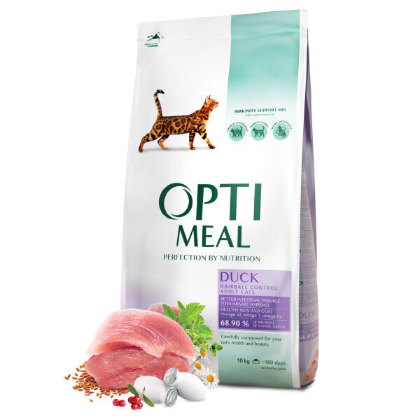 OPTIMEAL™. Visavertis sausas maistas suaugusioms katėms su plaukų išvalymo efektu – antiena, 10 kg. цена и информация | Sausas maistas katėms | pigu.lt