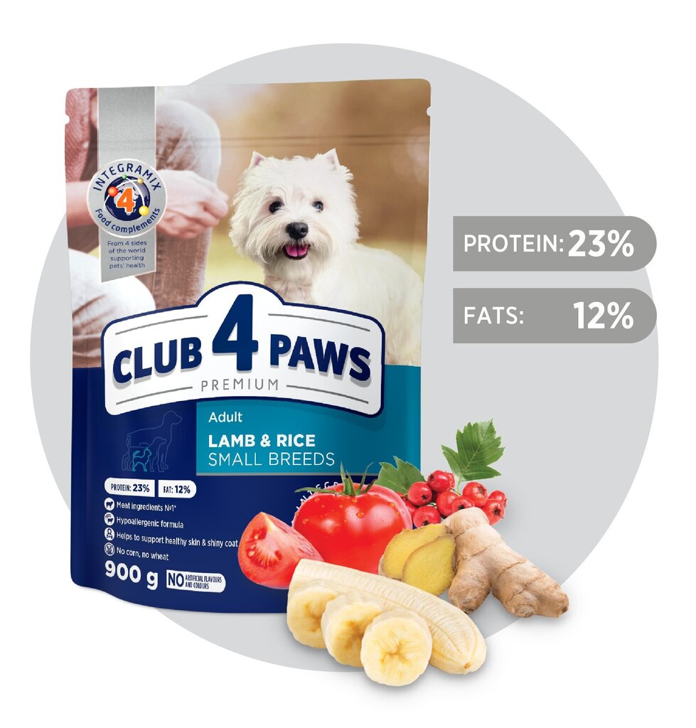 CLUB 4 PAWS Premium pilnavertis sausas hipoalerginis ėdalas suaugusiems mažoms veislėms šunims su ėriena ir ryžiais, 900g kaina ir informacija | Sausas maistas šunims | pigu.lt