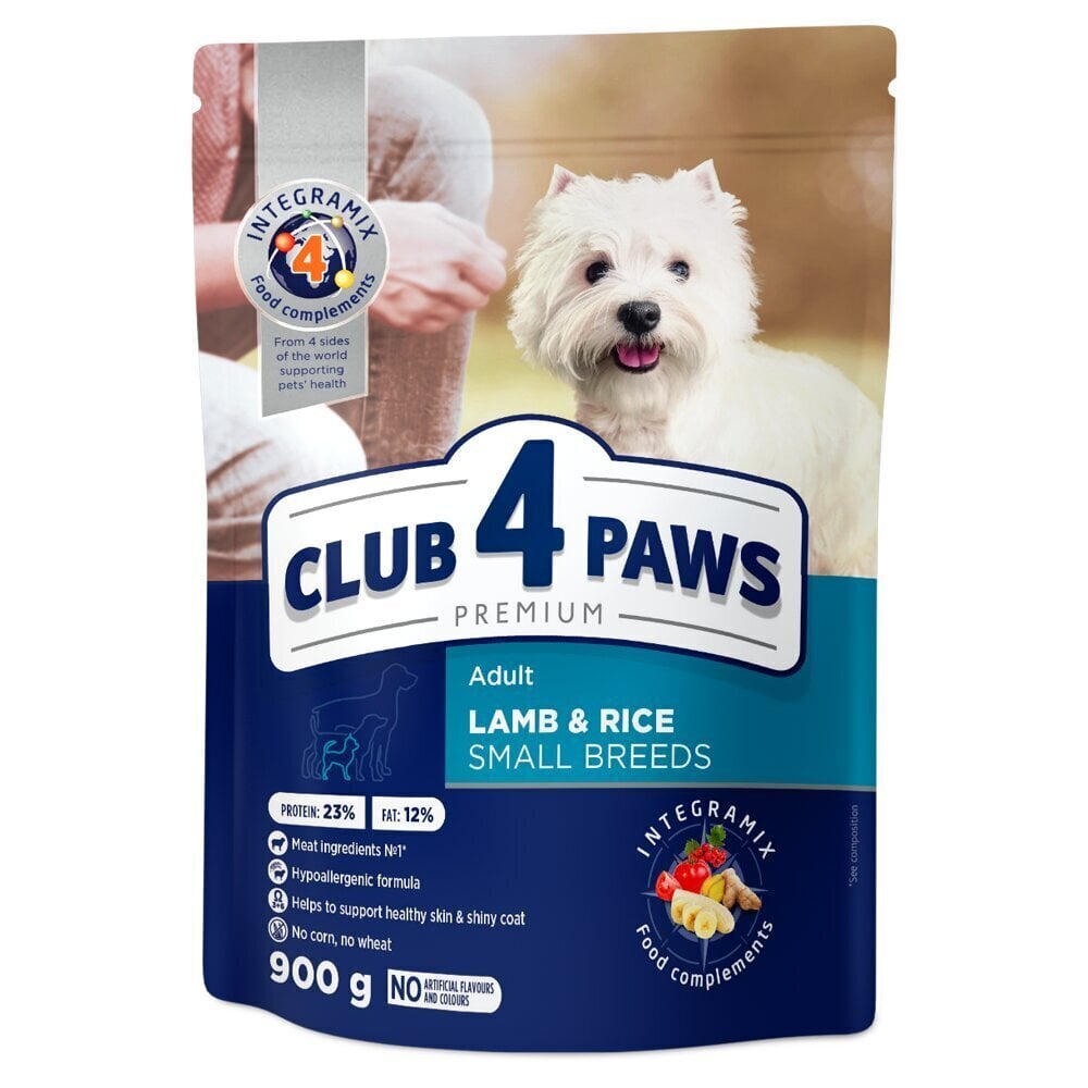CLUB 4 PAWS Premium pilnavertis sausas hipoalerginis ėdalas suaugusiems mažoms veislėms šunims su ėriena ir ryžiais, 900g цена и информация | Sausas maistas šunims | pigu.lt