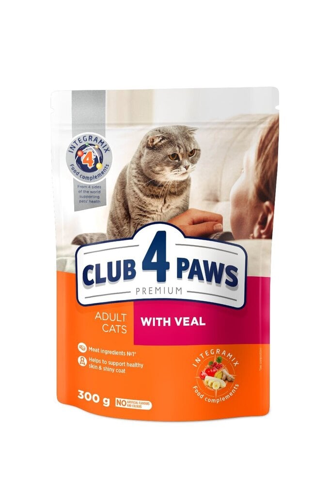 CLUB 4 PAWS Premium pilnavertis sausas maistas suaugusioms katėms su veršiena, 300 g. kaina ir informacija | Sausas maistas katėms | pigu.lt