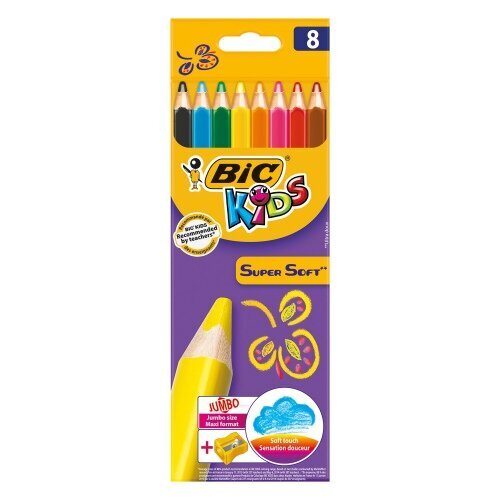 Spalvoti pieštukai Bic Supersoft, 8 vnt. Su drožtuku kaina ir informacija | Piešimo, tapybos, lipdymo reikmenys | pigu.lt