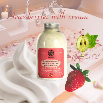 Vonios pieno milteliai "strawberries with cream" Saules Fabrika, 250g kaina ir informacija | Dušo želė, aliejai | pigu.lt