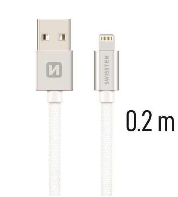 Swissten Textile Fast Charge 3A Lightning (MD818ZM/A) Data and Charging Cable 20 cm Silver kaina ir informacija | Kabeliai ir laidai | pigu.lt