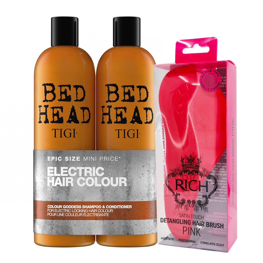 Spalvą saugantis šampūno ir balzamas, TIGI Bed Head Colour Goddess Tweens 2x750ml + RICH antistatinis plaukų šepetys kaina ir informacija | Šampūnai | pigu.lt