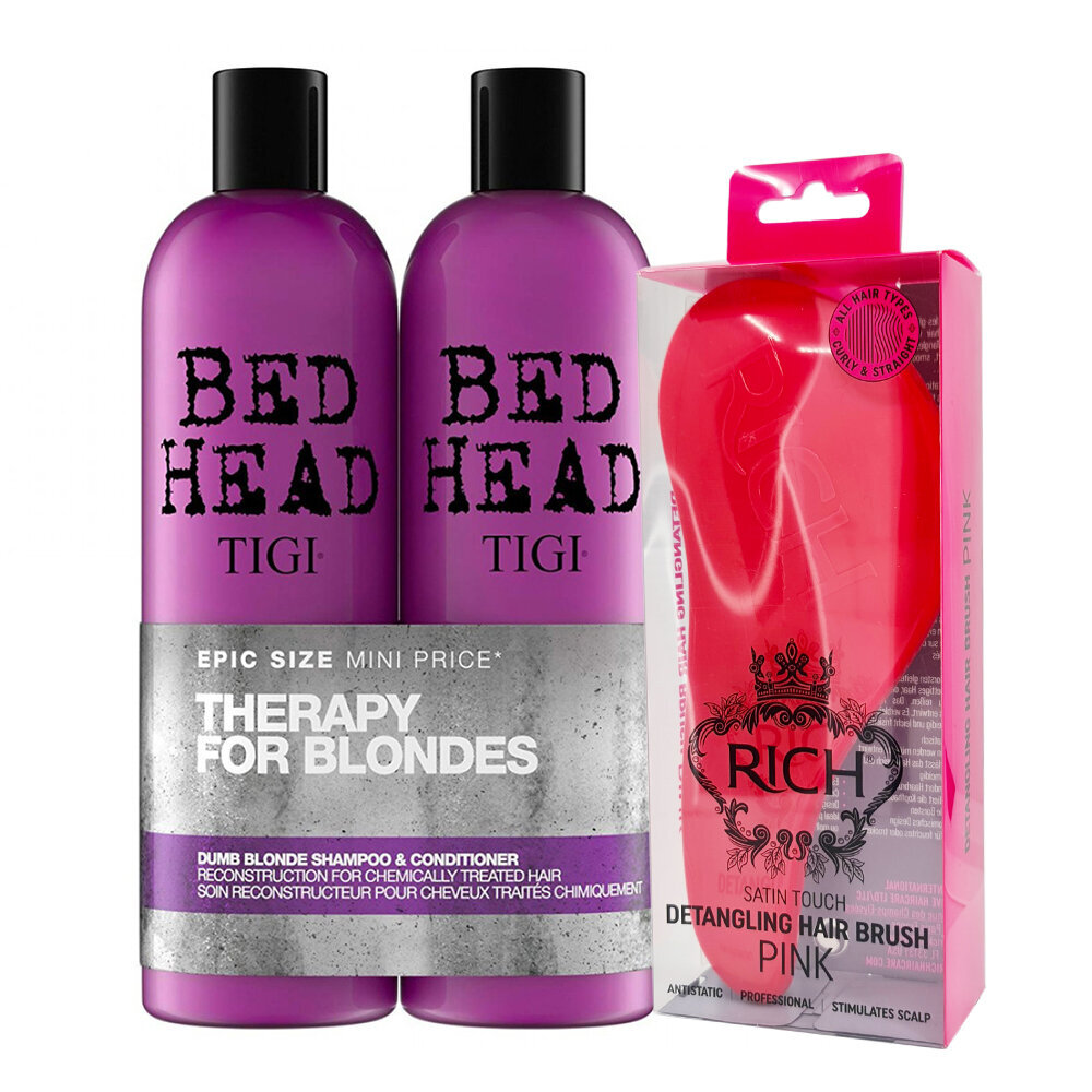 Šampūnas bei balzamas pažeistiems plaukams, TIGI Bed Head Dumb Blonde Tweens 2x750ml + RICH antistatinis plaukų šepetys kaina ir informacija | Šampūnai | pigu.lt