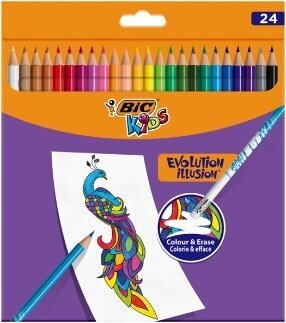 Spalvoti pieštukai su trintuku Kids Evolution Illusion, 24 spalvų rinkinys kaina ir informacija | Piešimo, tapybos, lipdymo reikmenys | pigu.lt