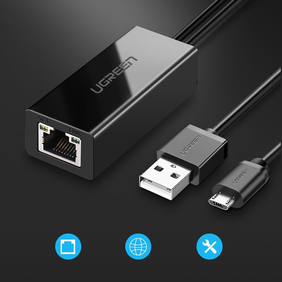 Ugreen 30985, external network adapter USB 100Mbps for Chromecast with 1m cable black kaina ir informacija | Adapteriai, USB šakotuvai | pigu.lt