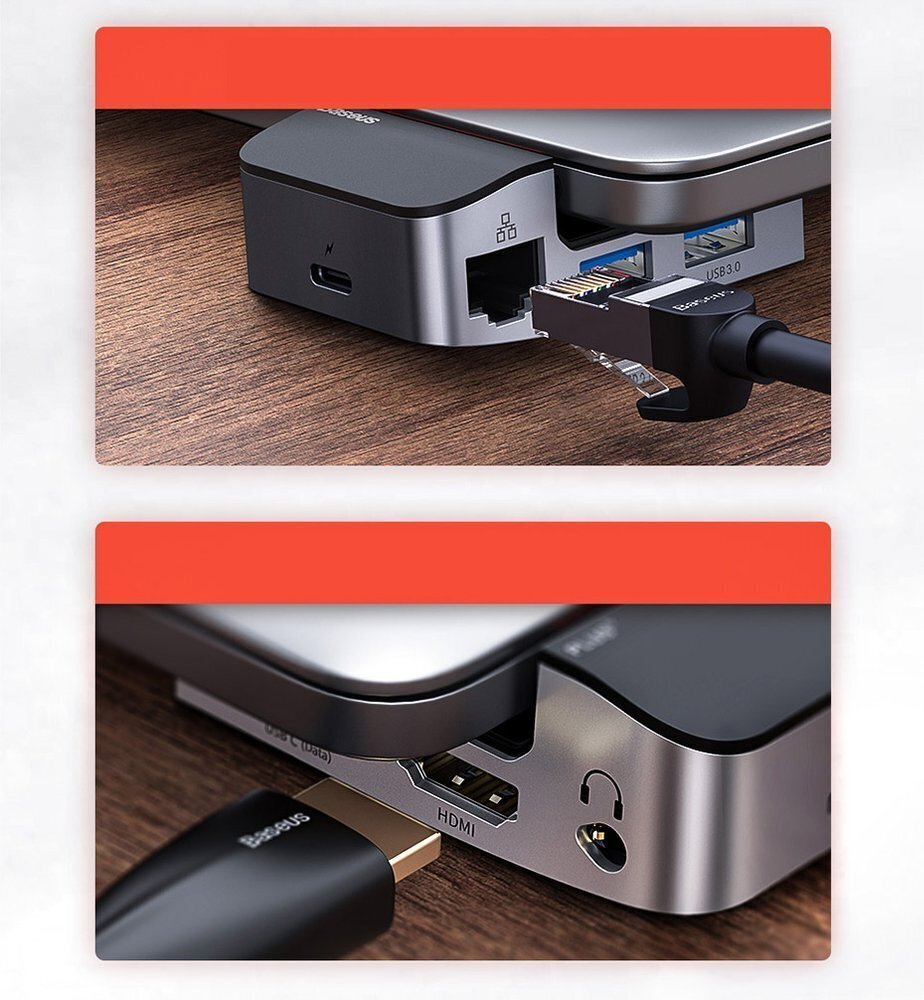 Adapteris Baseus laptop stand multifunctional HUB USB Typ C - USB 3.0 / RJ45 / 3,5 mm mini jack / HDMI / USB Typ C / Thunderbolt 3, skirtas MacBook Pro, pilkas (CAHUB-AJ0G) kaina ir informacija | Adapteriai, USB šakotuvai | pigu.lt