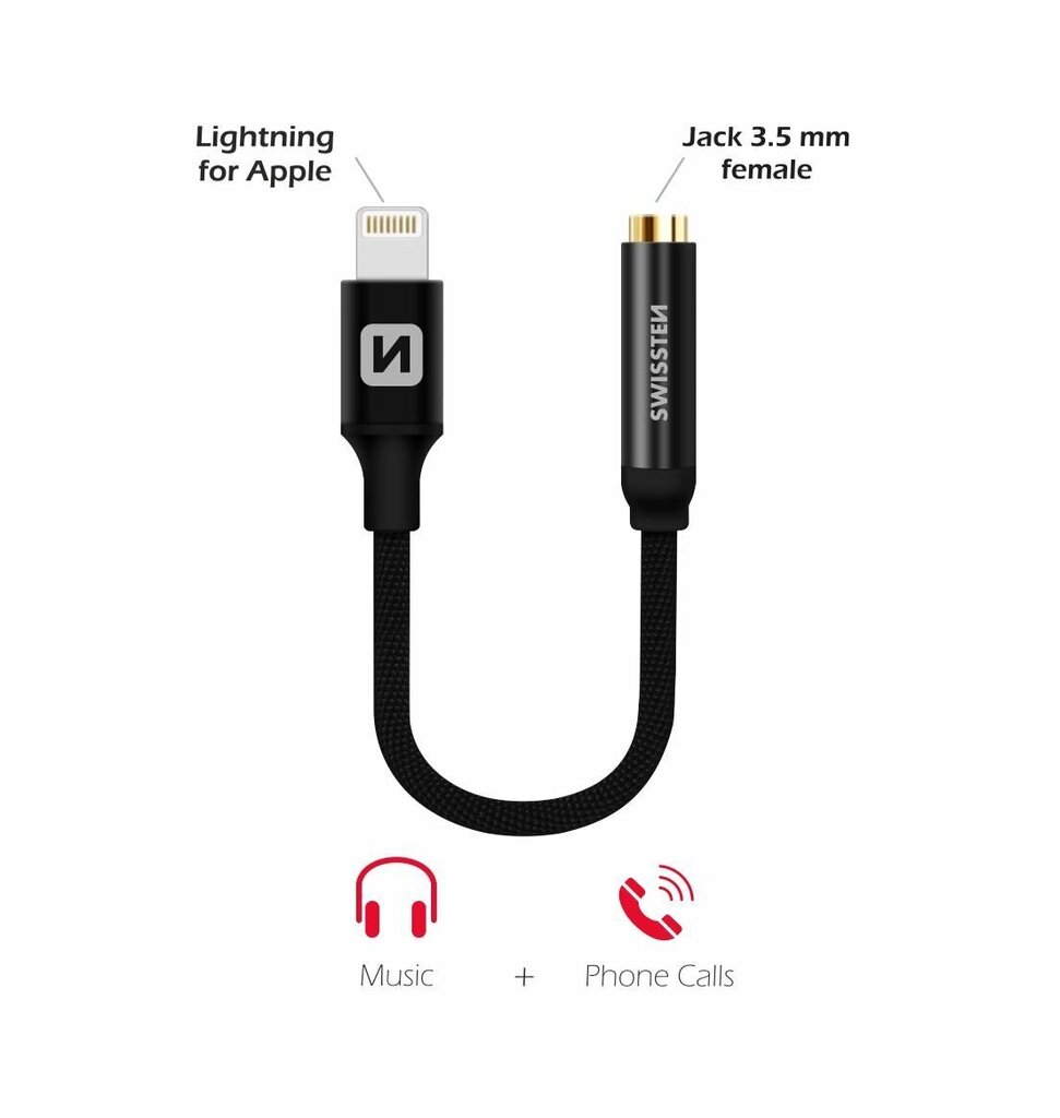 Swissten Lightning to Jack 3.5mm Audio Adapteris skirtas iPhone ir iPad, juodas kaina ir informacija | Adapteriai, USB šakotuvai | pigu.lt