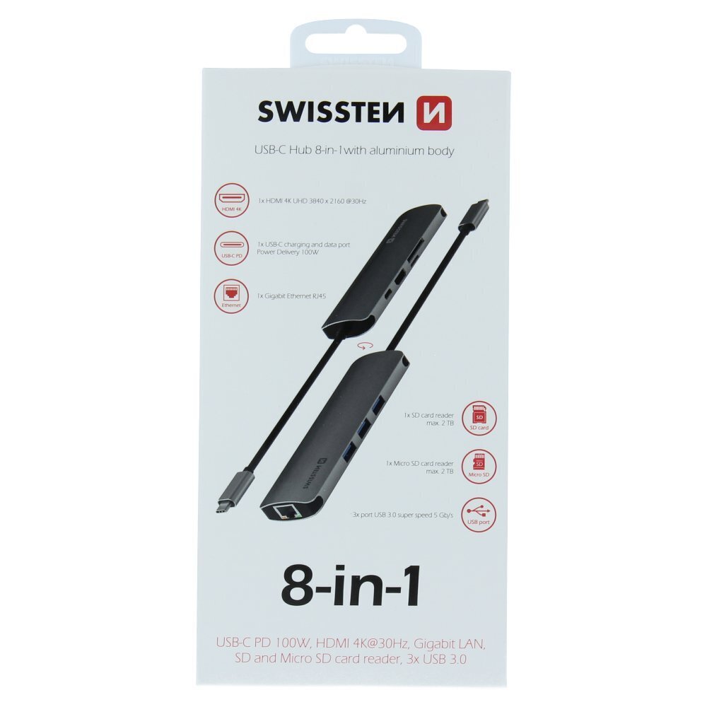 Swissten USB-C Hub 8in1 with 3X USB 3.0 / 1X USB-C Power Delivery / 1X microSD / 1X SD / 1x HDMI 4K / 1x LAN RJ45 / Aluminum body kaina ir informacija | Adapteriai, USB šakotuvai | pigu.lt