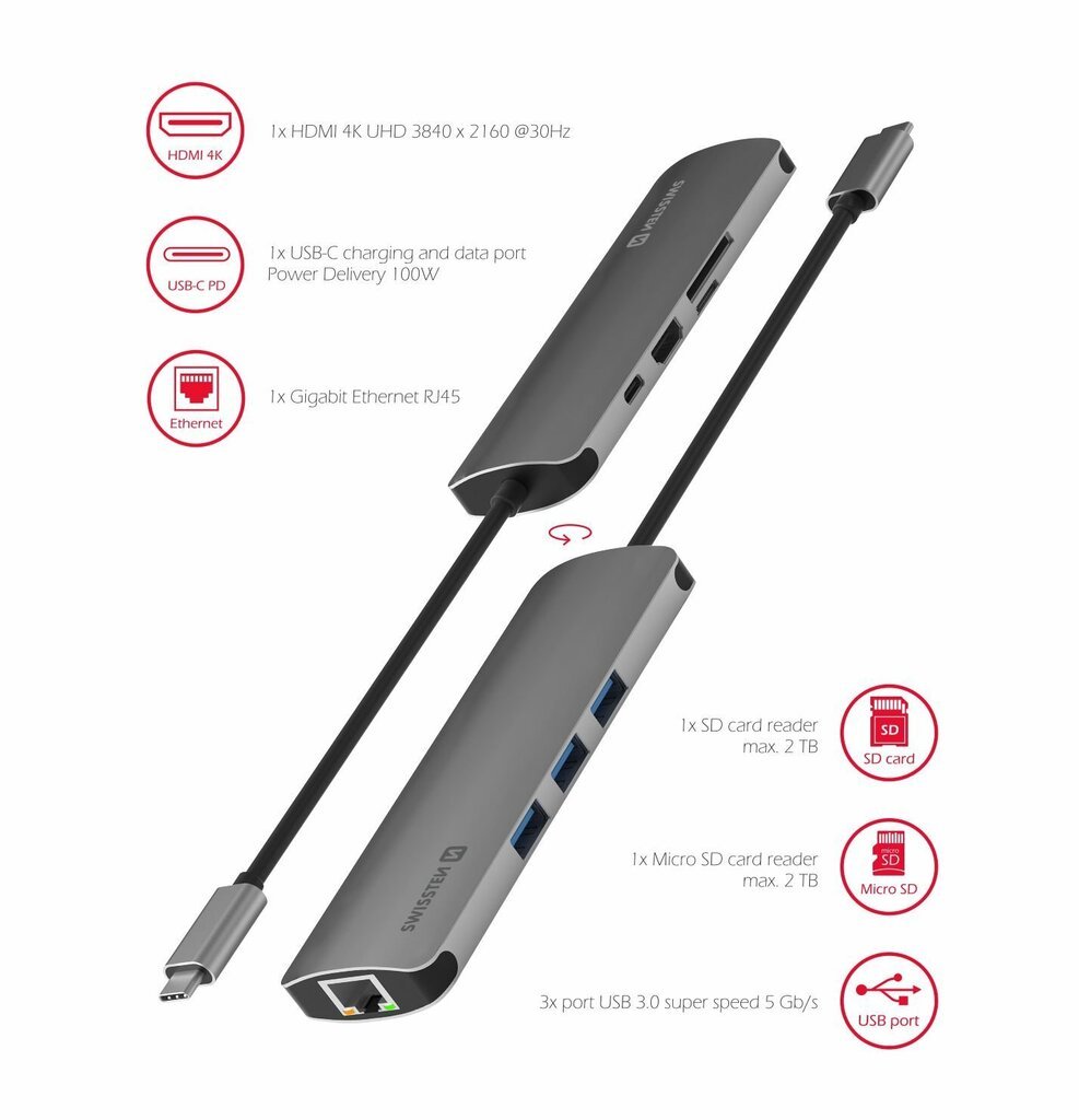 Swissten USB-C Hub 8in1 with 3X USB 3.0 / 1X USB-C Power Delivery / 1X microSD / 1X SD / 1x HDMI 4K / 1x LAN RJ45 / Aluminum body цена и информация | Adapteriai, USB šakotuvai | pigu.lt