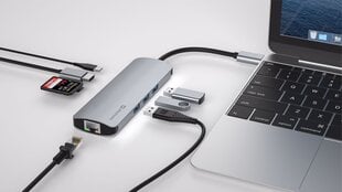 Swissten USB-C Hub 8in1 with 3X USB 3.0 / 1X USB-C Power Delivery / 1X microSD / 1X SD / 1x HDMI 4K / 1x LAN RJ45 / Aluminum body kaina ir informacija | Adapteriai, USB šakotuvai | pigu.lt