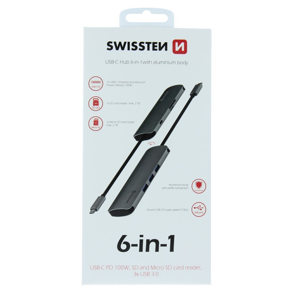 Swissten USB-C Hub 6in1 with 3X USB 3.0 / 1X USB-C Power Delivery / 1X microSD / 1X SD / Aluminum body kaina ir informacija | Adapteriai, USB šakotuvai | pigu.lt