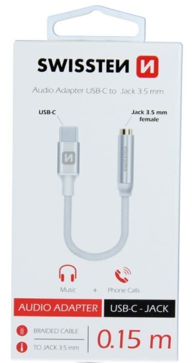 Swissten USB-C to Jack 3.5mm Audio Adapter for phones 15 cm Silver kaina ir informacija | Adapteriai, USB šakotuvai | pigu.lt