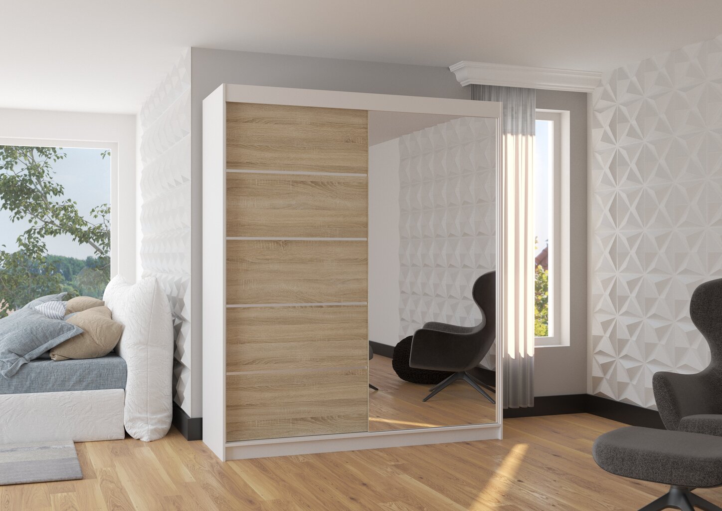Spinta ADRK Furniture Caro, balta/ąžuolo spalvos kaina ir informacija | Spintos | pigu.lt