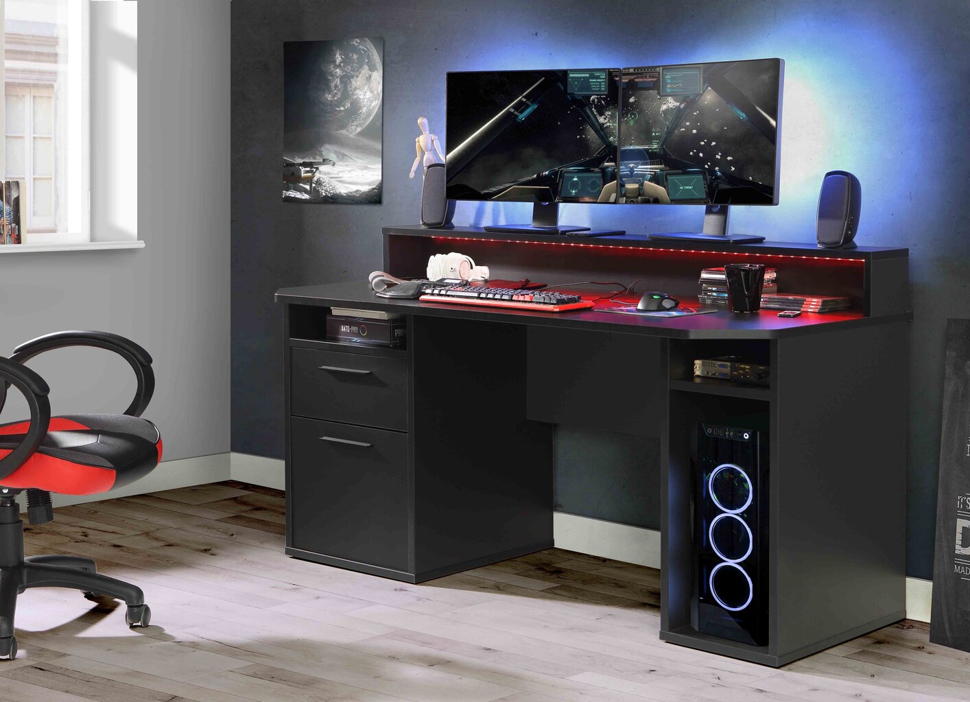 Kompiuterinio stalo ir kėdės komplektas Tezaur, juodos/raudonos spalvos kaina ir informacija | Kompiuteriniai, rašomieji stalai | pigu.lt