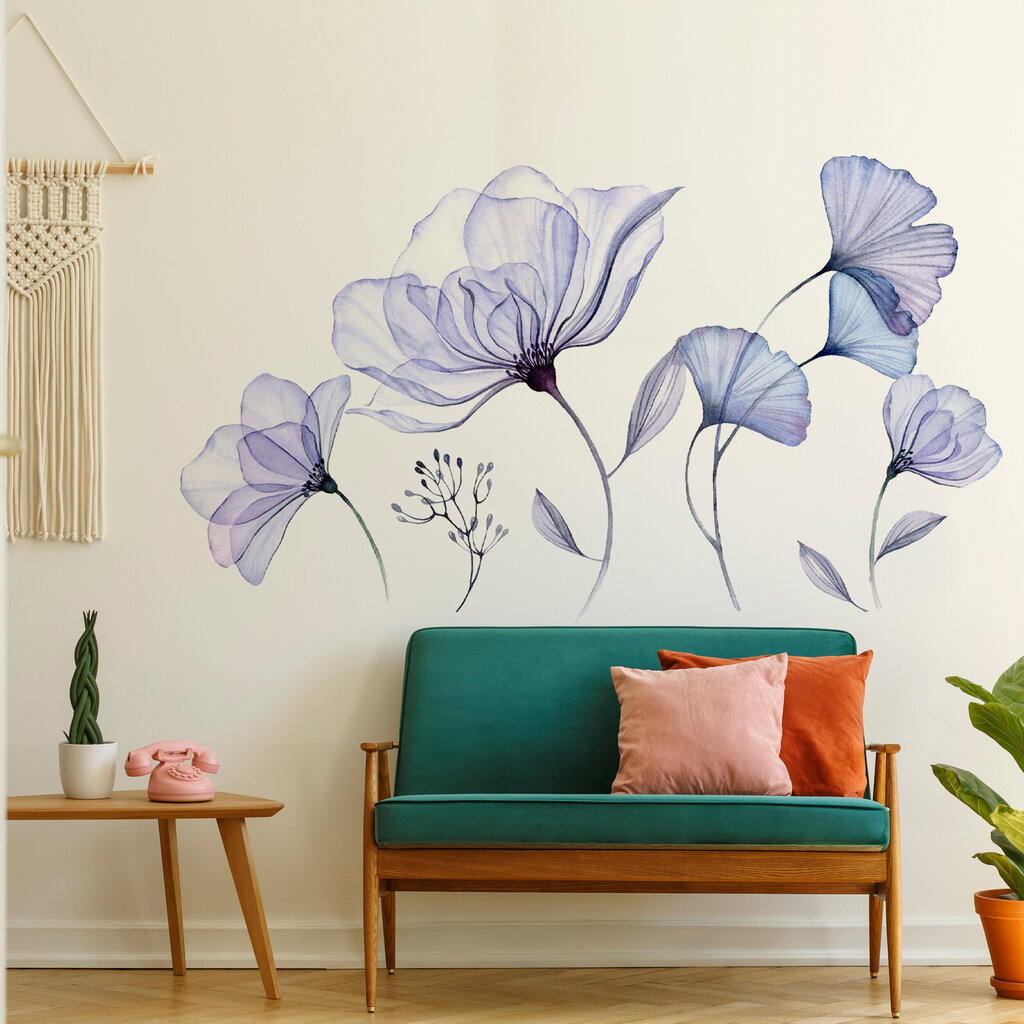 Sieniniai vinilo lipdukai su gėlių motyvais - 3D mėlynos gėlės lipdukai цена и информация | Interjero lipdukai | pigu.lt
