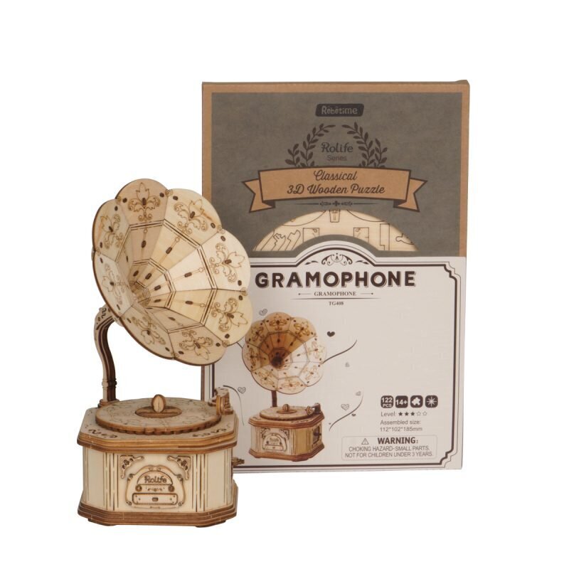 Robotime Gramophone 3D dėlionė, 122 vnt kaina ir informacija | Konstruktoriai ir kaladėlės | pigu.lt