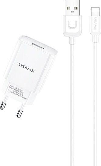 USAMS T21 USB 2A Travel Charger + Lightning Data Cable, White kaina ir informacija | Krovikliai telefonams | pigu.lt