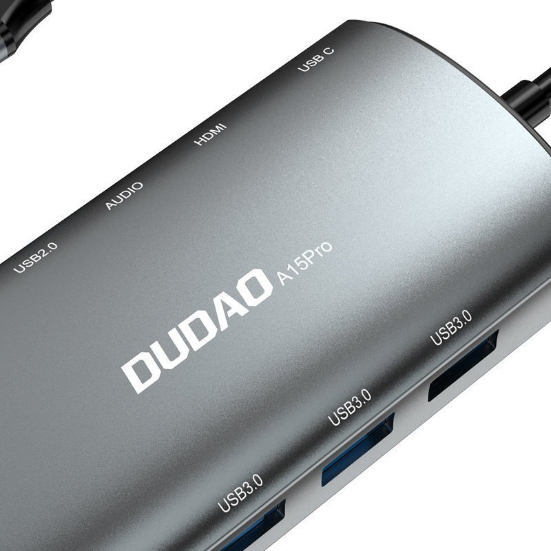 Adapteris Dudao 11w1 multifunctional HUB USB Typ C - USB Type C PD 60 W / HDMI / 3,5 mm mini jack / 1x USB 2.0 / SD - micro SD card reader / VGA / RJ45 / 3x USB 3.2 Gen 1 grey (A15Pro grey) kaina ir informacija | Adapteriai, USB šakotuvai | pigu.lt