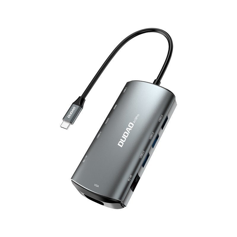 Adapteris Dudao 11w1 multifunctional HUB USB Typ C - USB Type C PD 60 W / HDMI / 3,5 mm mini jack / 1x USB 2.0 / SD - micro SD card reader / VGA / RJ45 / 3x USB 3.2 Gen 1 grey (A15Pro grey) kaina ir informacija | Adapteriai, USB šakotuvai | pigu.lt