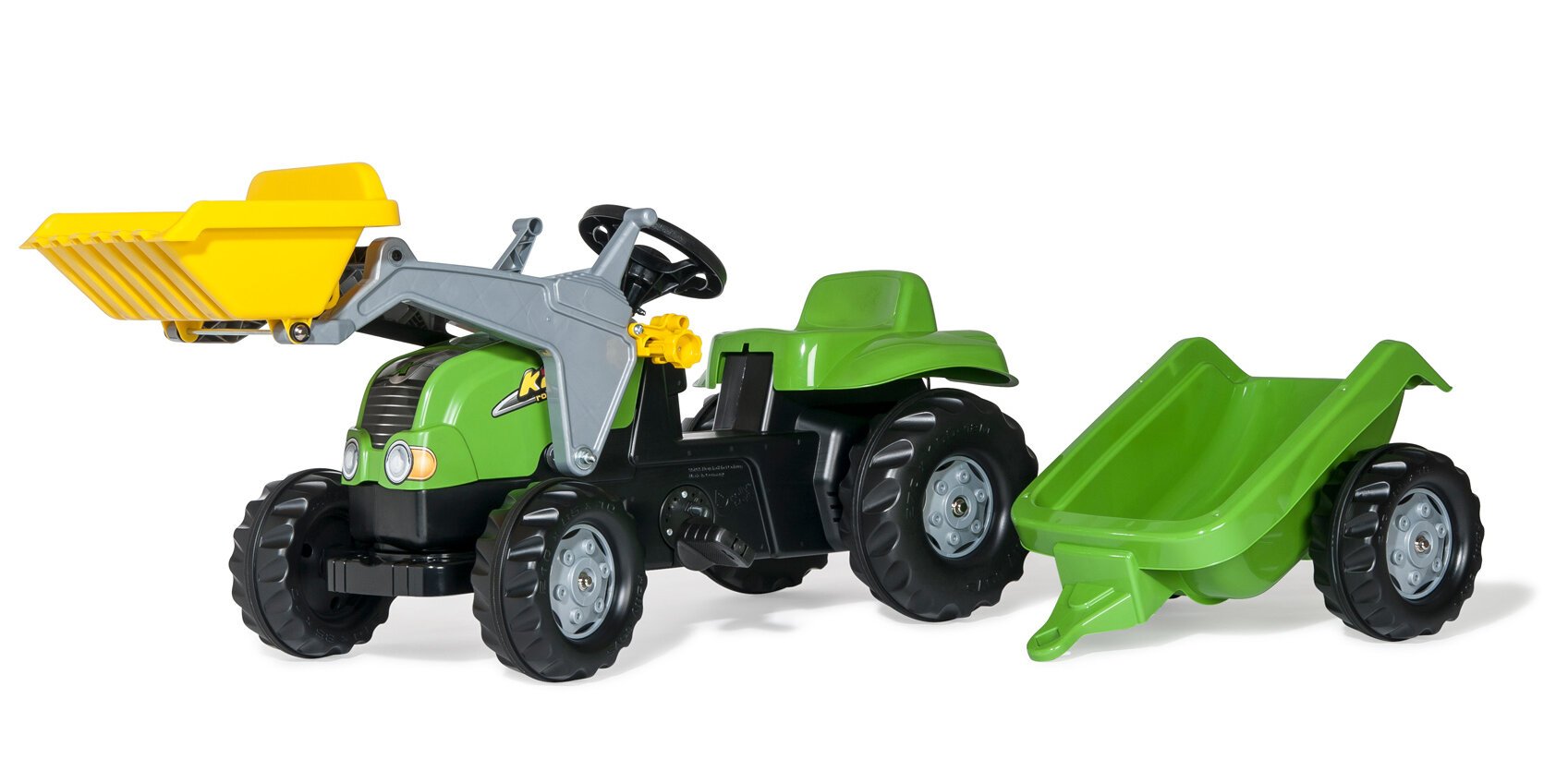 Minamas pedalais traktorius su priekiniu krautuvu ir priekaba Rolly Toys RollyKid-X, žalias цена и информация | Žaislai berniukams | pigu.lt