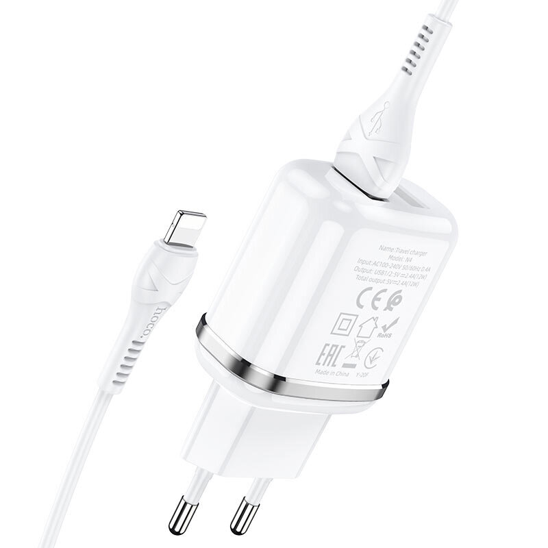 Įkroviklis buitinis Hoco N4 su dviem USB jungtimis + Lightning (2.4A) baltas kaina ir informacija | Krovikliai telefonams | pigu.lt