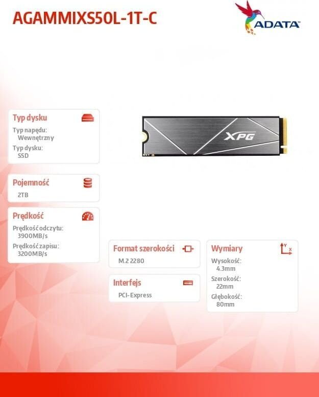 AData AGAMMIXS50L-2T-C цена и информация | Vidiniai kietieji diskai (HDD, SSD, Hybrid) | pigu.lt