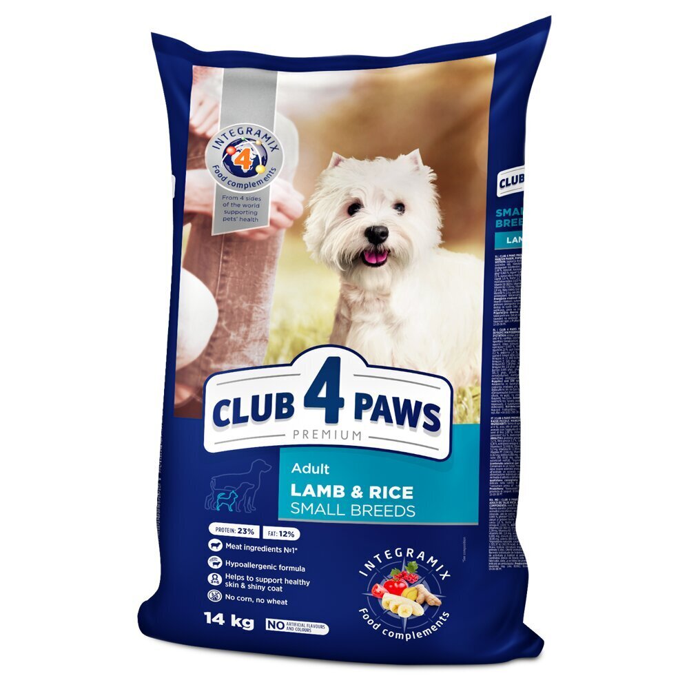 CLUB 4 PAWS Premium pilnavertis sausas hipoalerginis ėdalas suaugusiems mažos veislės šunims su ėriena ir ryžiais, 14kg цена и информация | Sausas maistas šunims | pigu.lt