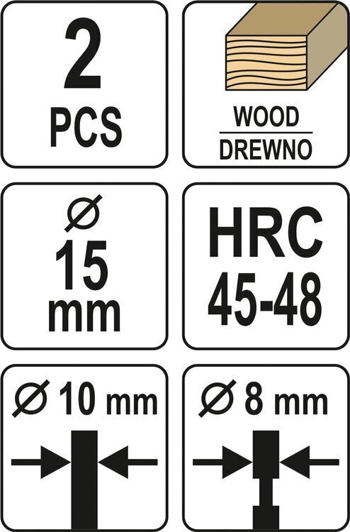 Freza-kamštinis grąžtas medžiui HRC 2vnt d-15mm Yato(YT-33830) kaina ir informacija | Mechaniniai įrankiai | pigu.lt