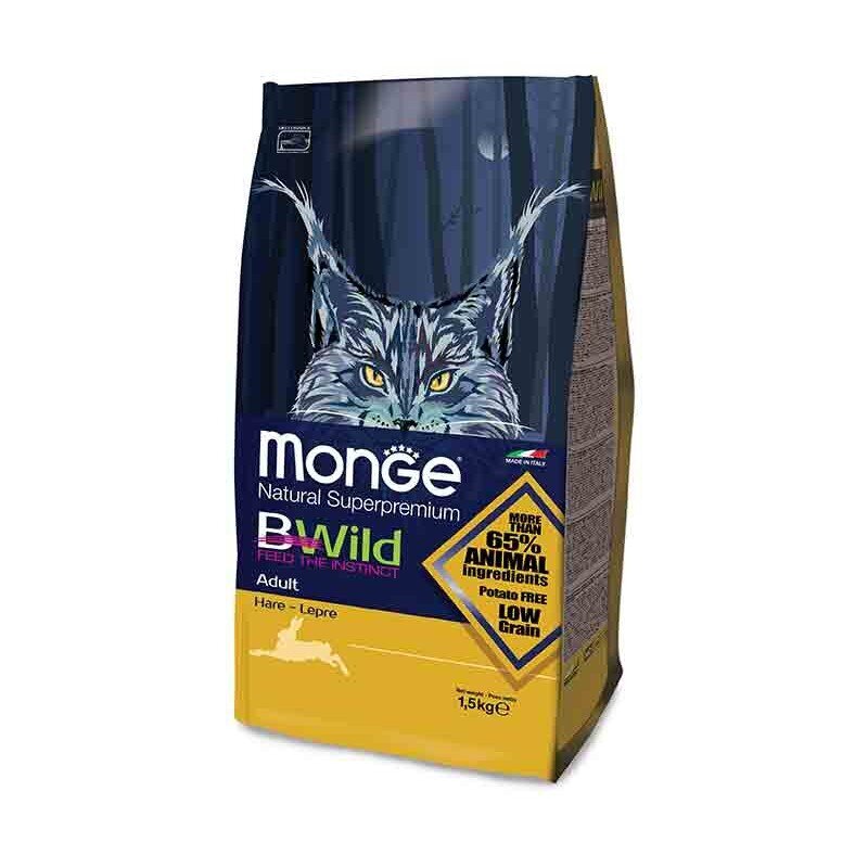 Monge BWild Cat Adult visavertis pašaras katėms su Laukinio Kiškio Mėsa 1,5kg kaina ir informacija | Sausas maistas katėms | pigu.lt