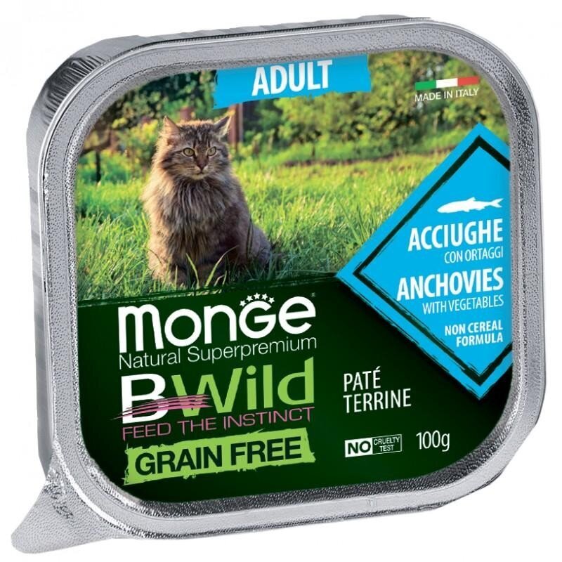 Monge BWild Cat Grain Free Adult keptas paštetas katėms su Ančiuviais ir Daržovėmis 100g kaina ir informacija | Konservai katėms | pigu.lt