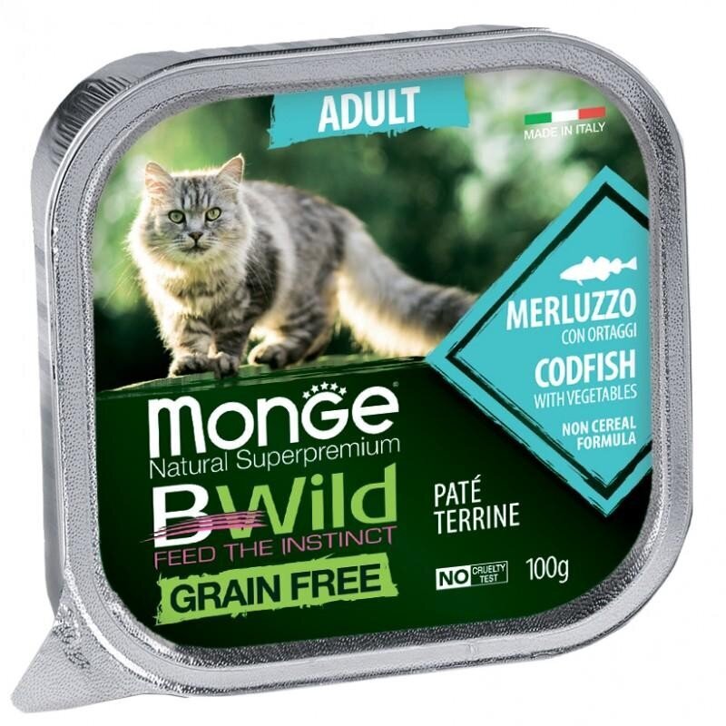 Monge BWild Cat Grain Free Adult keptas paštetas katėms su Menke ir Daržovėmis 100g kaina ir informacija | Konservai katėms | pigu.lt