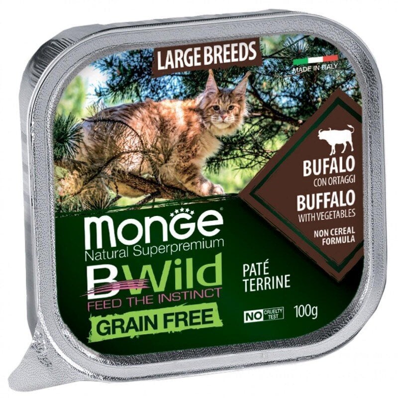 Monge BWild Cat Grain Free All Large Breeds keptas paštetas katėms su Buivoliena ir Daržovėmis 100g kaina ir informacija | Konservai katėms | pigu.lt