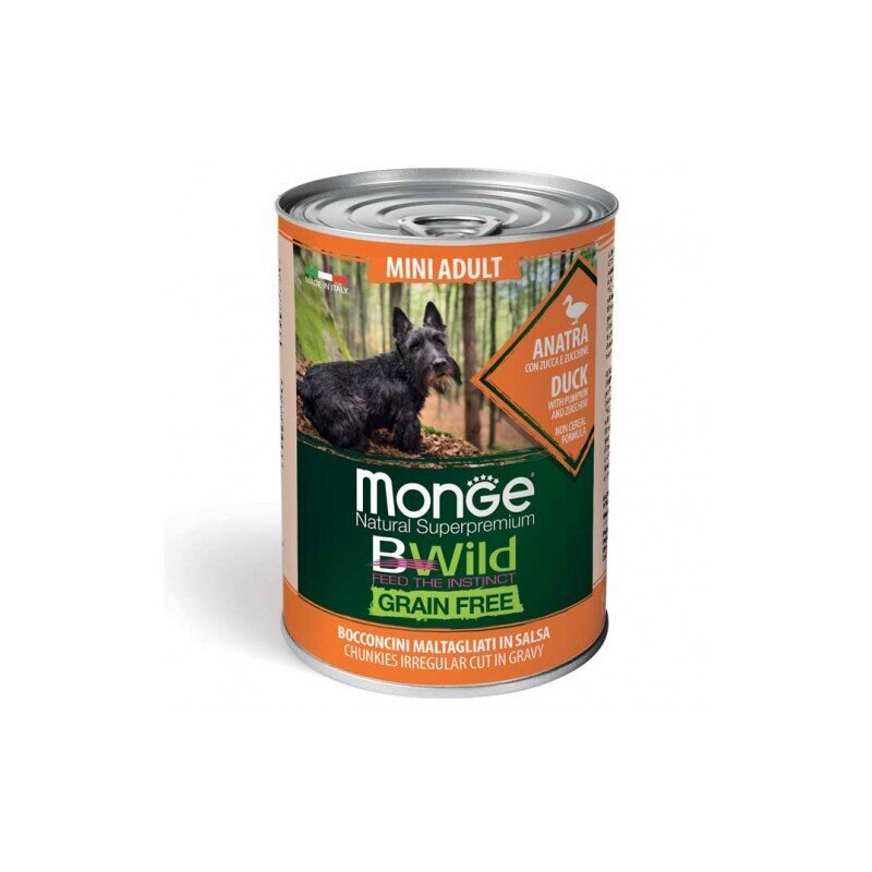 Monge Bwild Dog Mini Adult Chunkies Grain Free begrūdis šlapias maistas su Antiena, Moliūgais ir Cukinijomis 400g цена и информация | Konservai šunims | pigu.lt