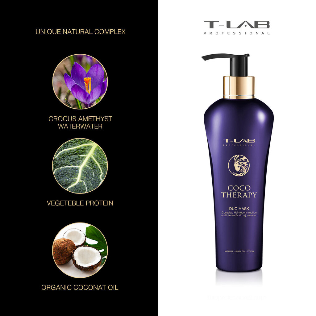 Sausų ir pažeistų plaukų kaukė T-LAB Professional Coco Therapy Duo, 300 ml цена и информация | Priemonės plaukų stiprinimui | pigu.lt