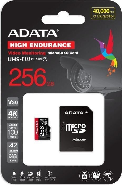 Adata High Endurance 256GB microSDXC UHS-I U3 цена и информация | Atminties kortelės fotoaparatams, kameroms | pigu.lt