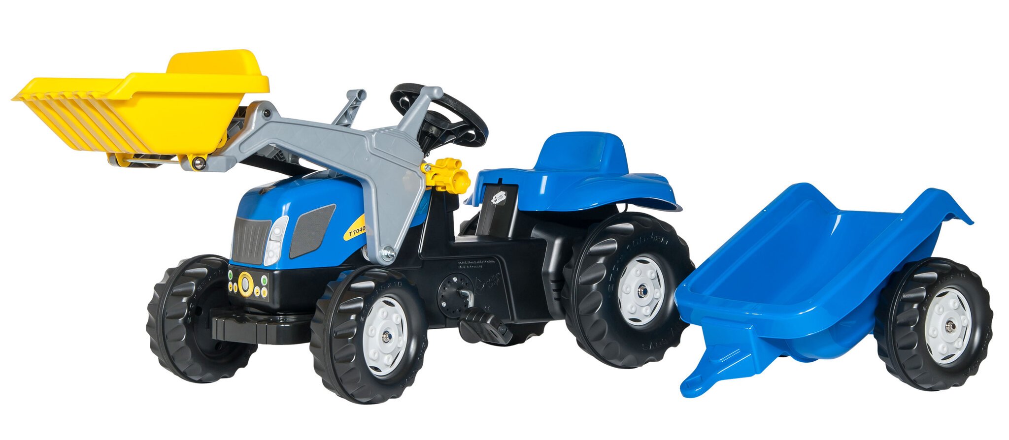 Pedalais minamas traktorius su priekaba ir kaušu Rolly Toys RollyKid NH T7040, mėlynas kaina ir informacija | Žaislai berniukams | pigu.lt
