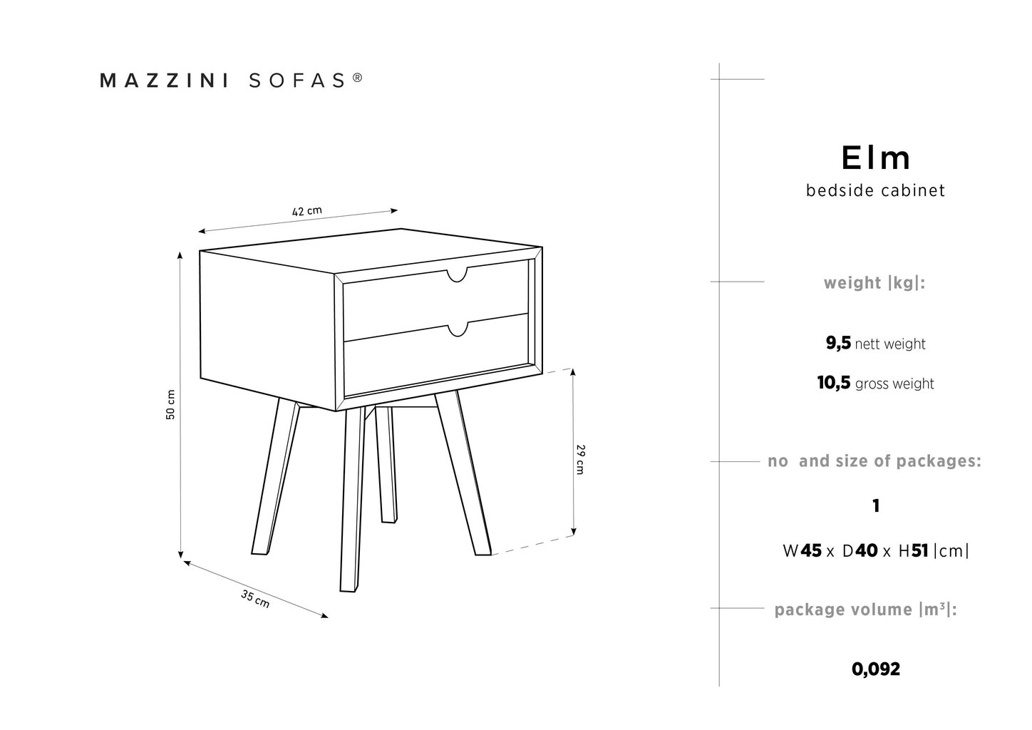 Naktinė spintelė Mazzinis Sofas Elm, 2-jų stalčių, ruda/pilka kaina ir informacija | Spintelės prie lovos | pigu.lt