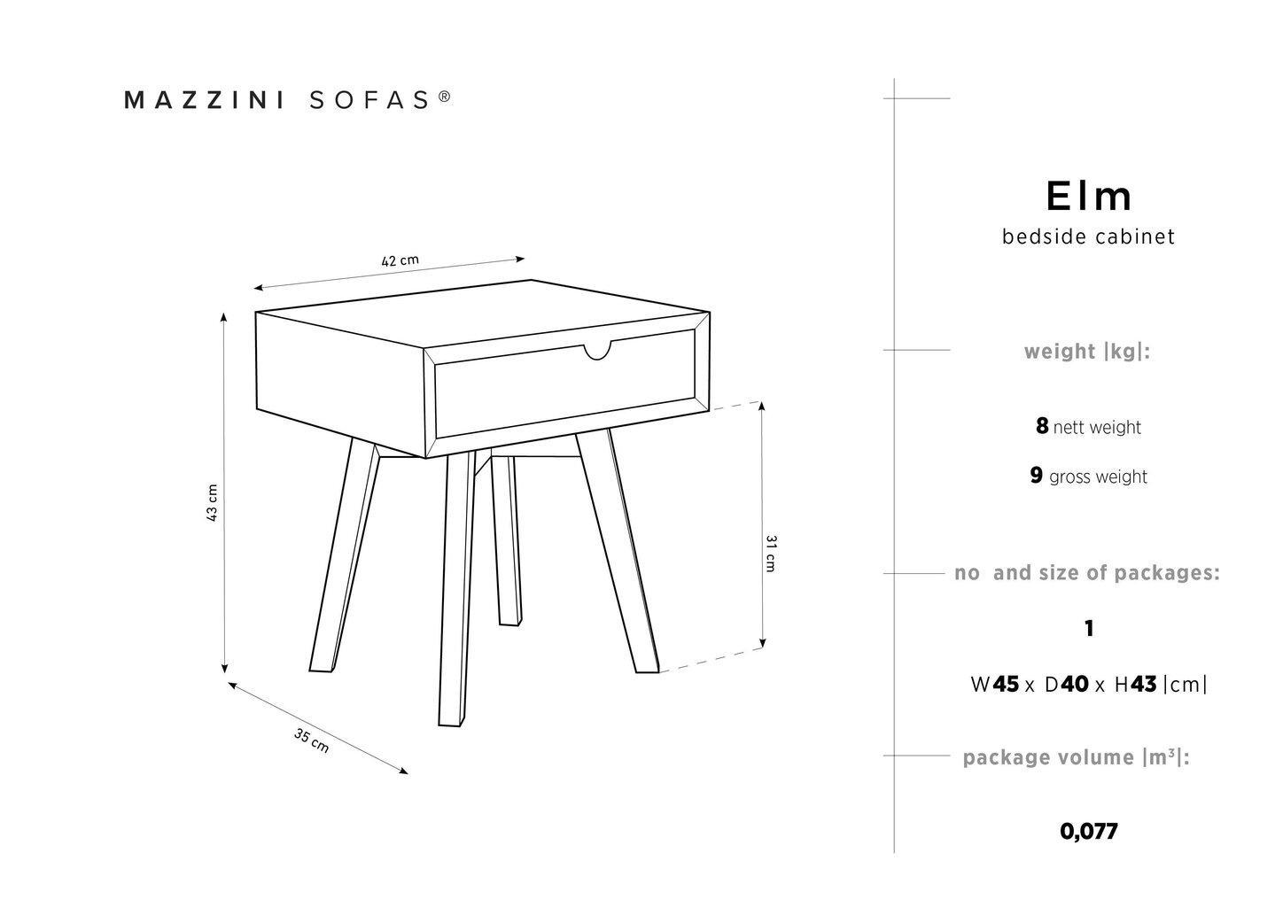 Naktinė spintelė Mazzinis Sofas Elm, juoda/balta kaina ir informacija | Spintelės prie lovos | pigu.lt