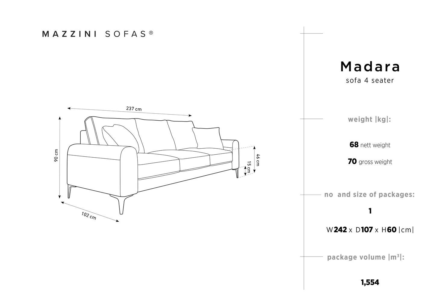 Trivietė sofa Mazzini Sofas Madara 237 cm, tamsiai pilka цена и информация | Sofos | pigu.lt