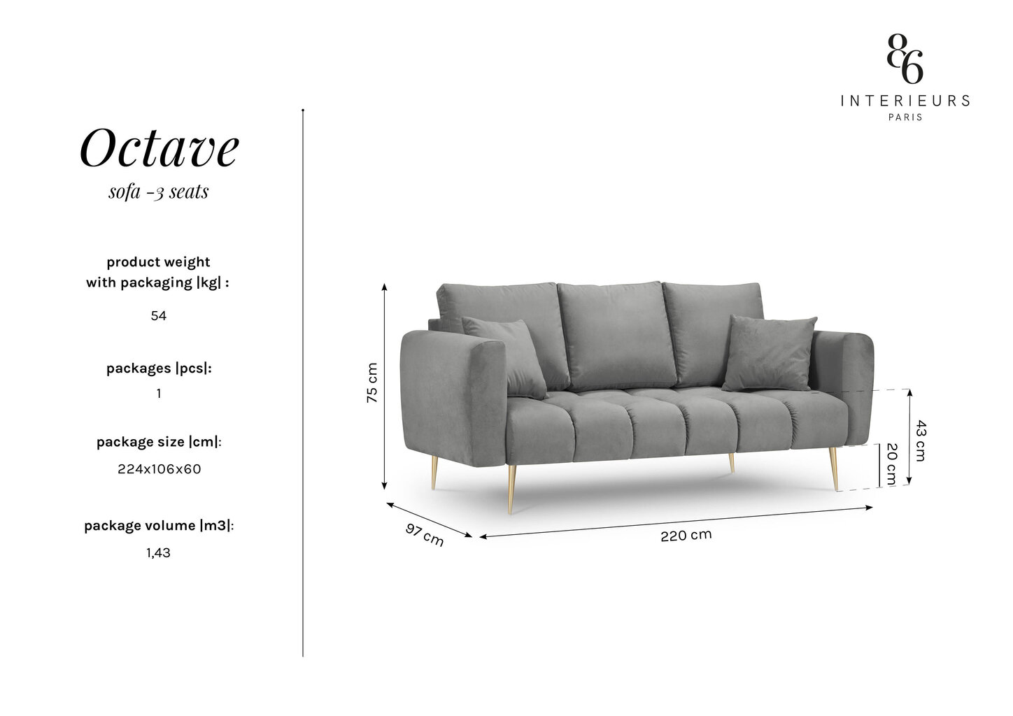 Sofa Interieurs86 Octave, tamsiai pilka kaina ir informacija | Sofos | pigu.lt