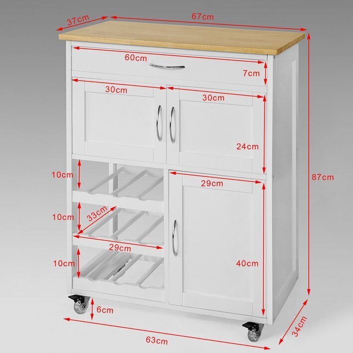 Virtuvinė spintelė ant ratukų SoBuy FKW45-WN, balta/ruda цена и информация | Virtuvinės spintelės | pigu.lt