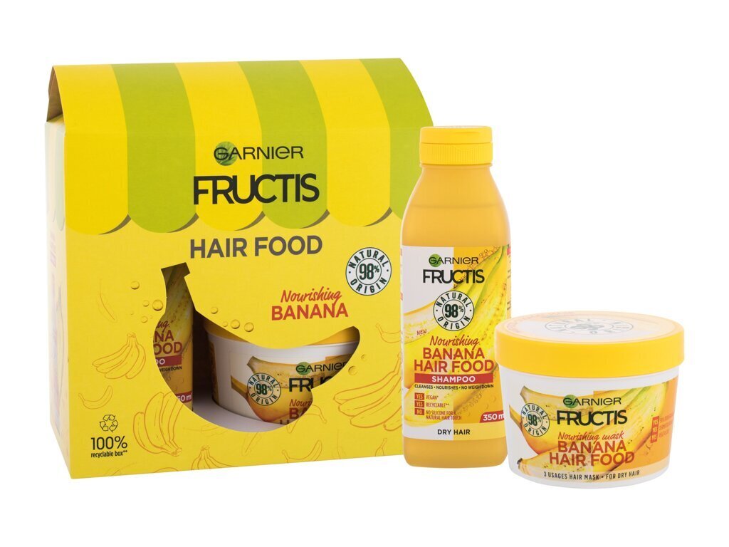 Rinkinys Garnier Fructis Hair Food Banana moterims, plaukų kaukė 390 ml + maitinamasis šampūnas 350 ml kaina ir informacija | Priemonės plaukų stiprinimui | pigu.lt